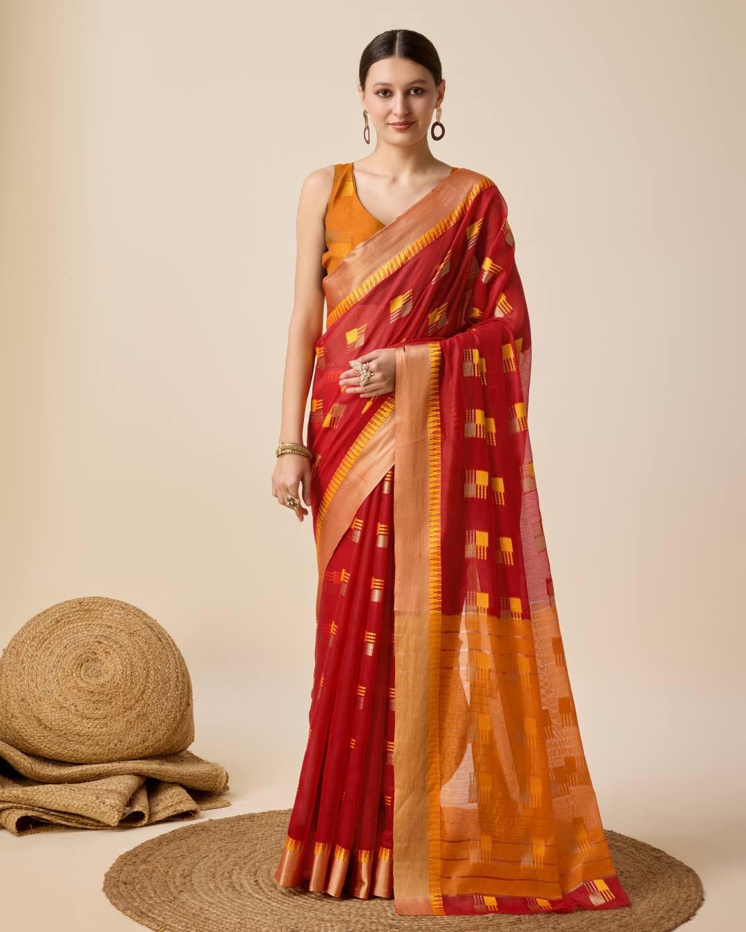 Fabrica Vibe Red & Mustard Bengal Handwoven Cotton Saree with Woven Geometric Design