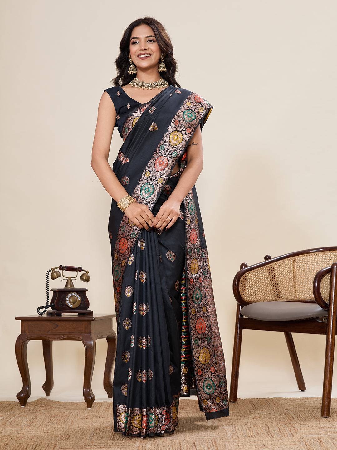 Fabrica Vibe Black Banarasi Silk Saree with Multicolor Floral Zari Border