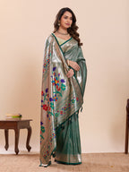 Fabrica Vibe Sea Dark Green  Paithani Art Silk Saree with Multicolor Floral Woven Pallu