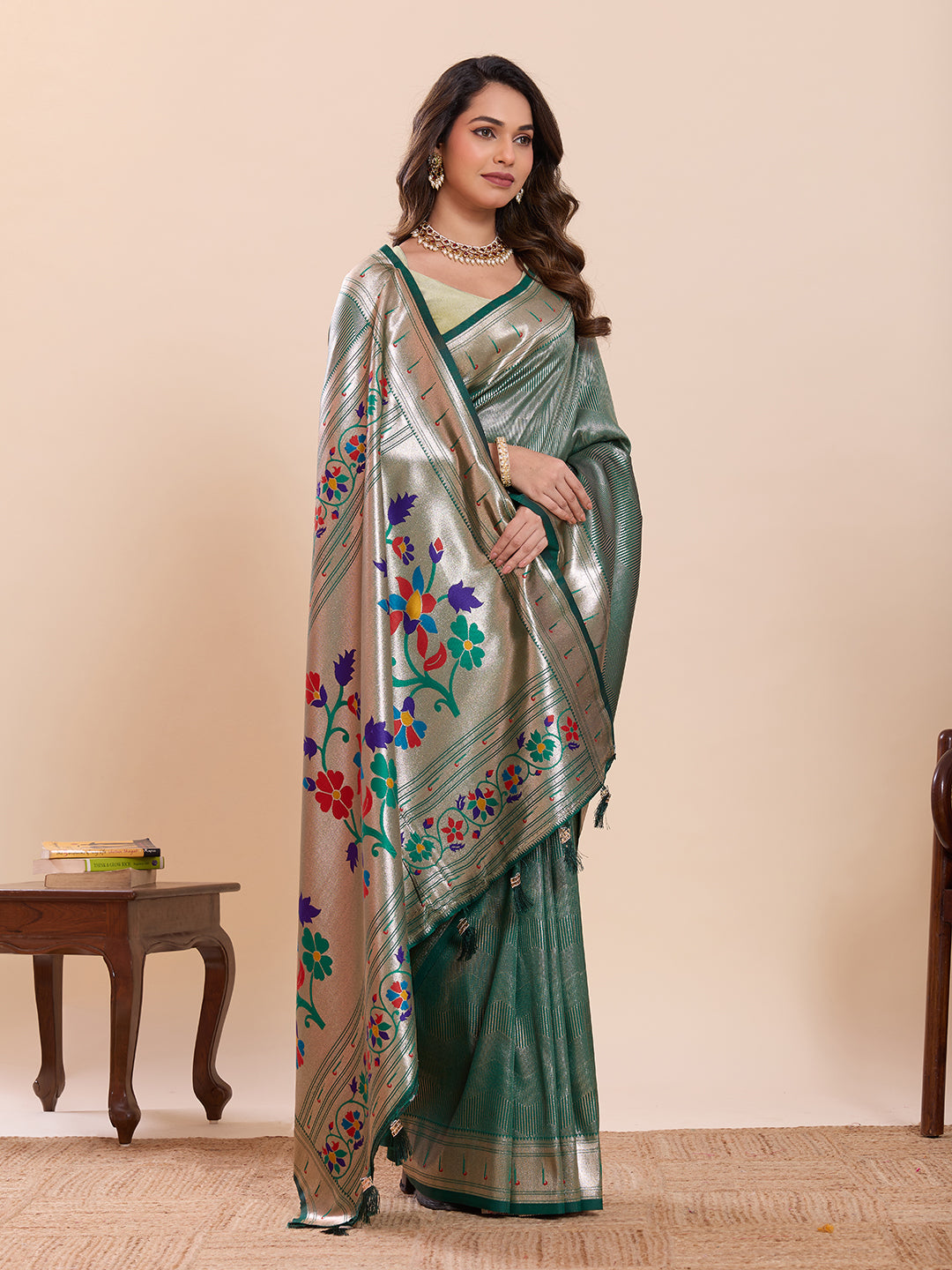 Fabrica Vibe Sea Dark Green  Paithani Art Silk Saree with Multicolor Floral Woven Pallu