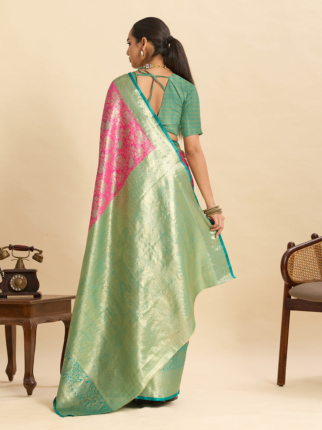 Fabrica Vibe Pink & Mint Green Banarasi Silk Blend Saree with Woven Zari Floral Design