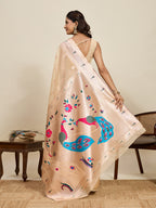 Fabrica Vibe Beige Organza Silk Saree with Peacock Pallu & Floral Woven Design