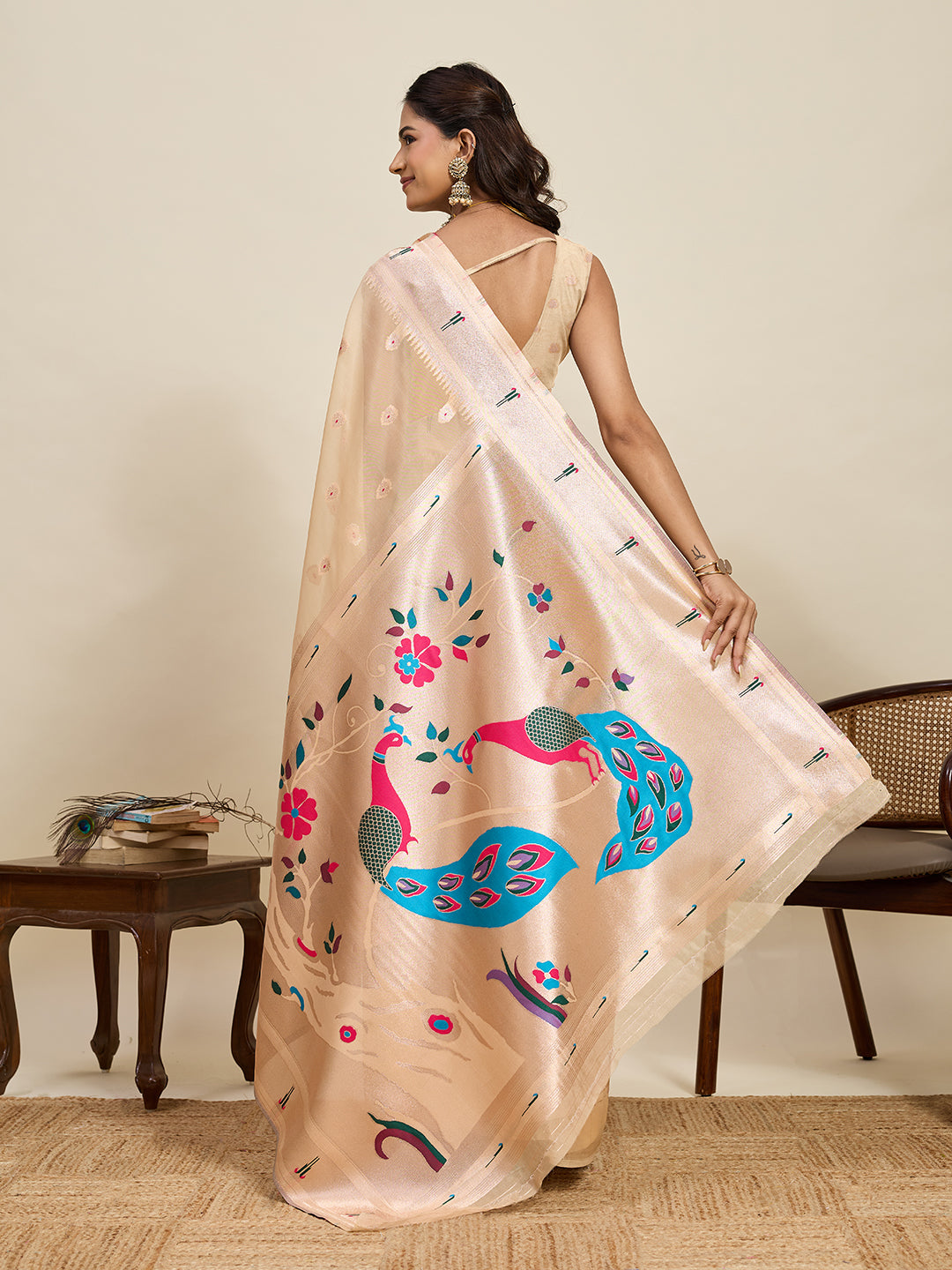 Fabrica Vibe Beige Organza Silk Saree with Peacock Pallu & Floral Woven Design