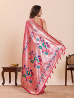 Fabrica Vibe Pink Paithani Art Silk Saree with Multicolor Floral Woven Pallu & Blouse Piece