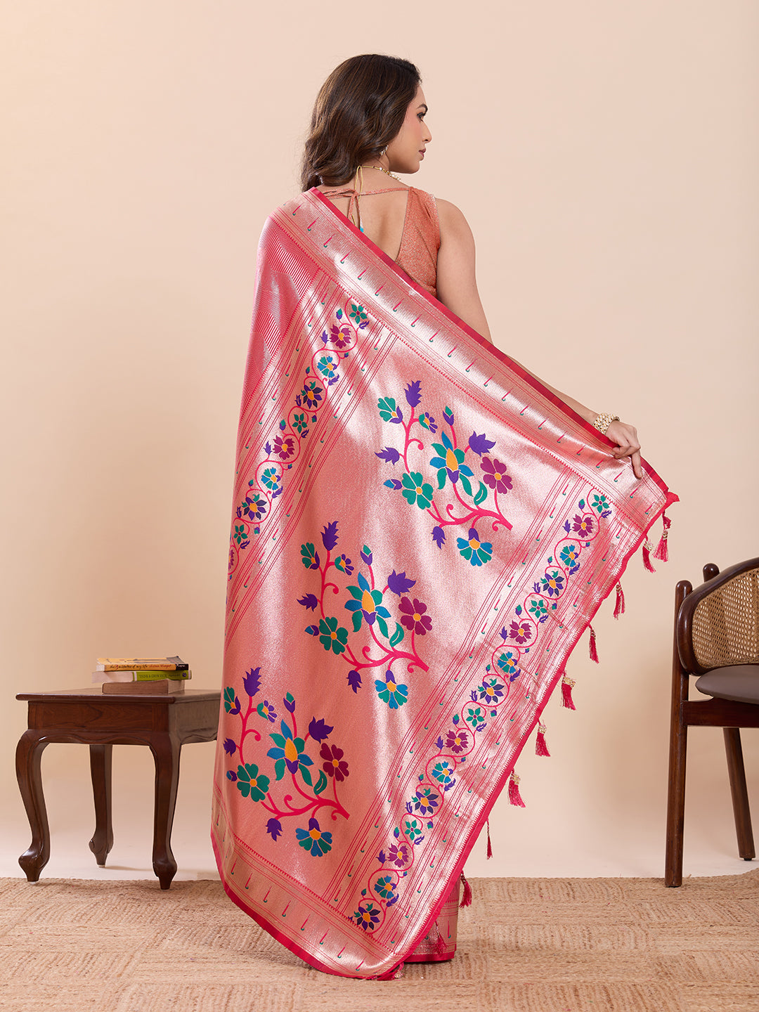 Fabrica Vibe Pink Paithani Art Silk Saree with Multicolor Floral Woven Pallu & Blouse Piece