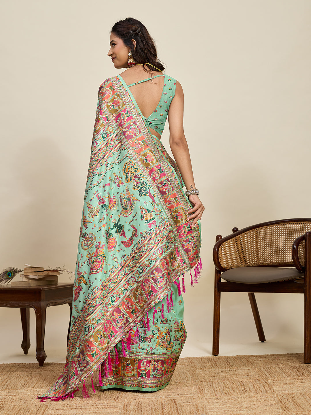 Fabrica Vibe Mint Green  Art Silk Saree with Traditional Folk & Peacock Motifs