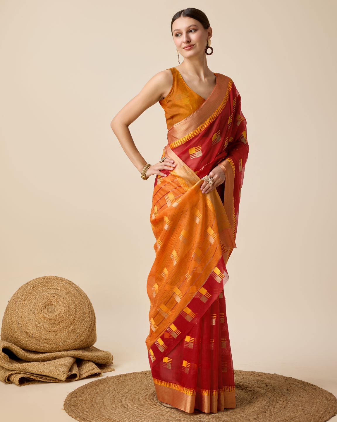 Fabrica Vibe Red & Mustard Bengal Handwoven Cotton Saree with Woven Geometric Design