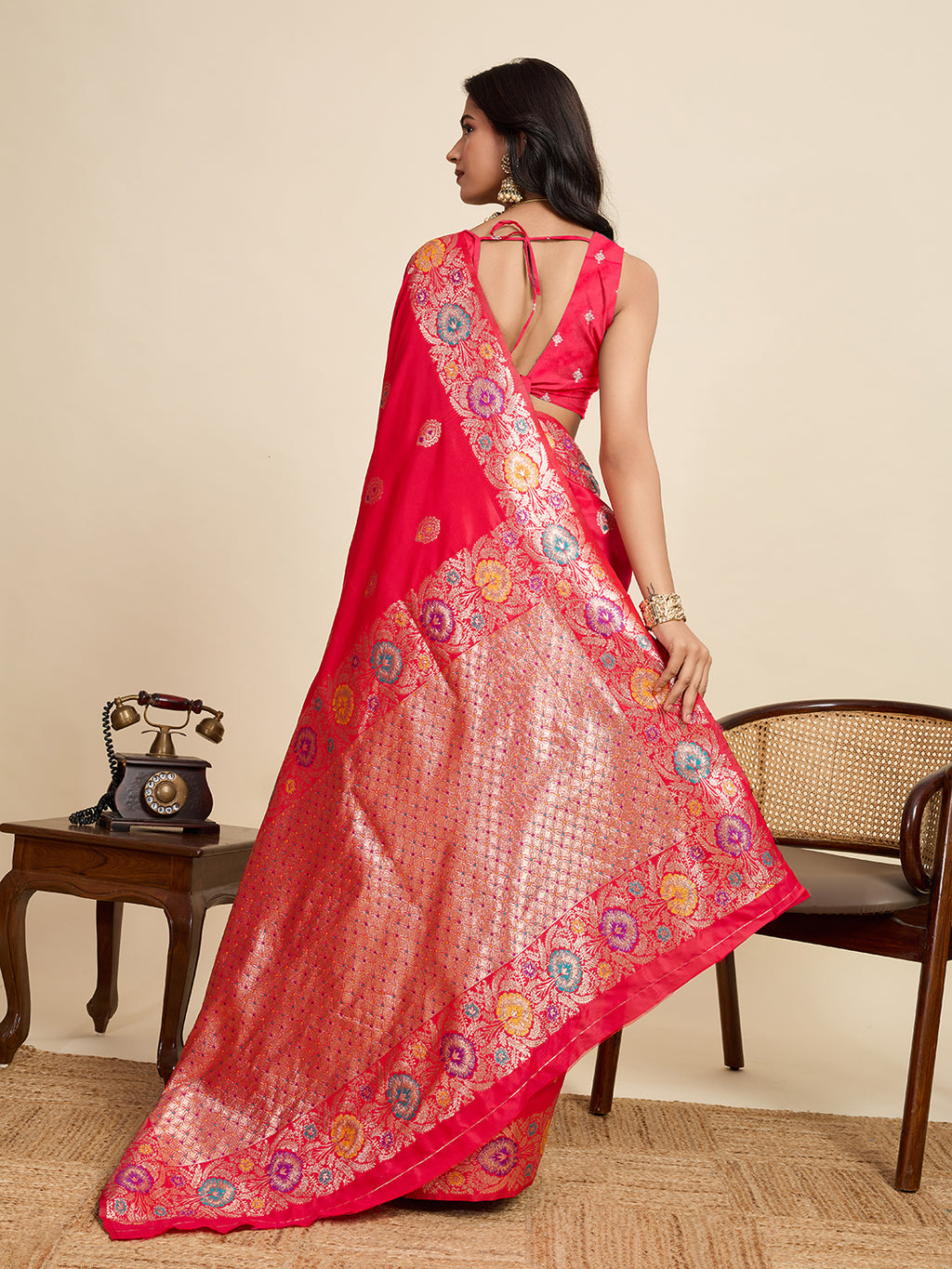 Fabrica Vibe Rani Pink Banarasi Silk Saree with Multicolor Floral Zari Weaving