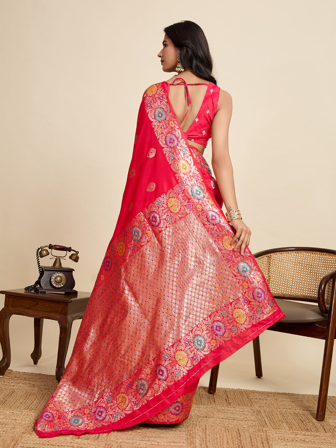 Fabrica Vibe Rani Pink Banarasi Silk Saree with Multicolor Floral Zari Weaving