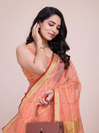 Fabrica Vibe Peach Handwoven Cotton Saree with Golden Checks & Contrast Border