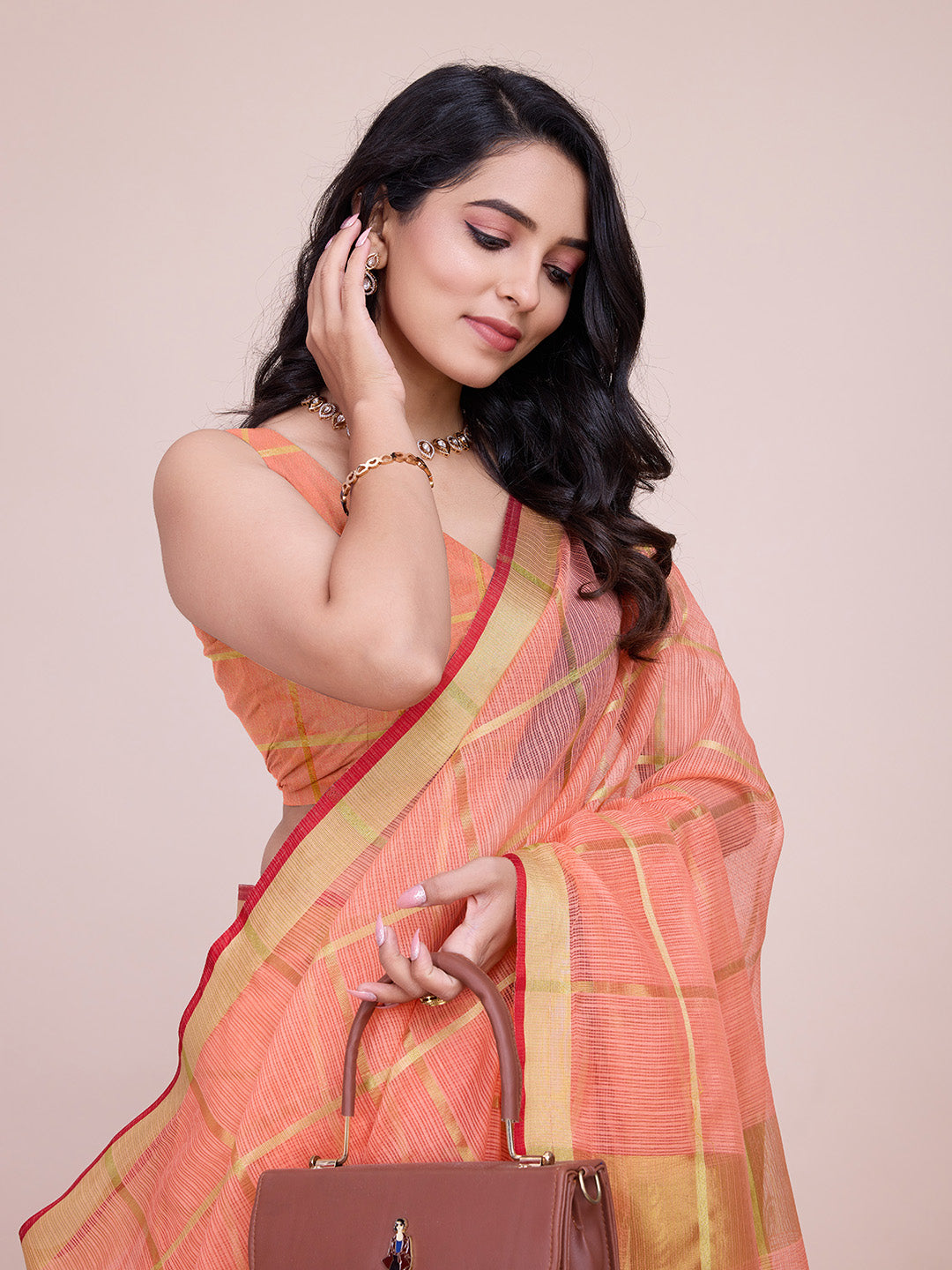 Fabrica Vibe Peach Handwoven Cotton Saree with Golden Checks & Contrast Border