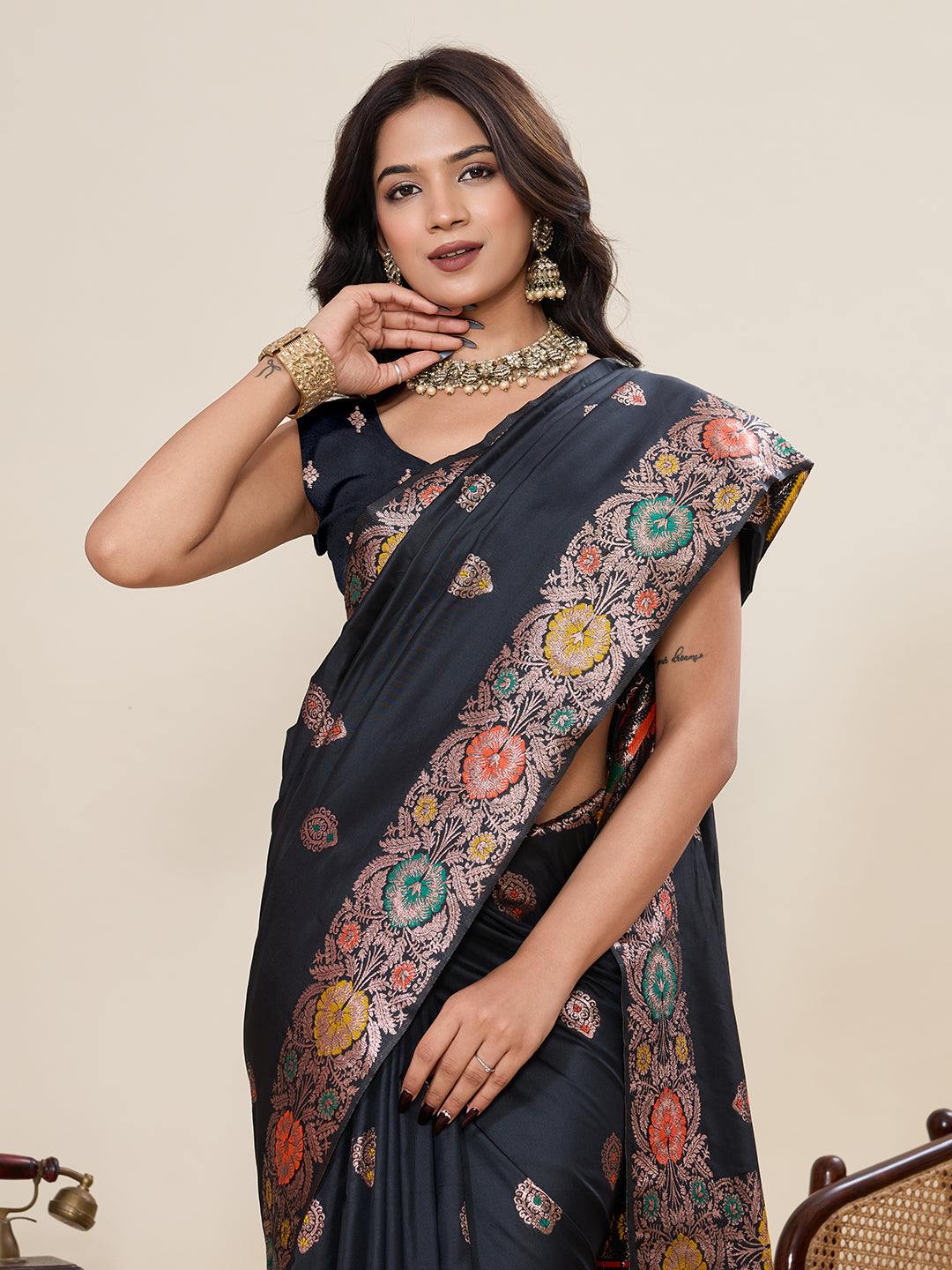 Fabrica Vibe Black Banarasi Silk Saree with Multicolor Floral Zari Border