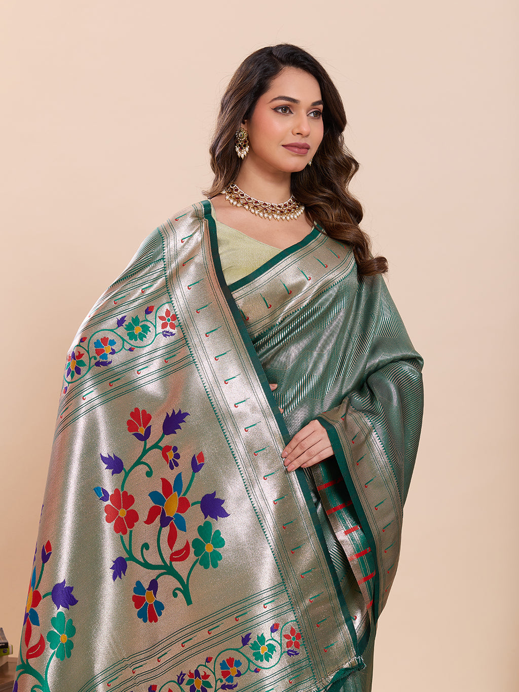 Fabrica Vibe Sea Dark Green  Paithani Art Silk Saree with Multicolor Floral Woven Pallu