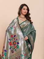 Fabrica Vibe Sea Dark Green  Paithani Art Silk Saree with Multicolor Floral Woven Pallu