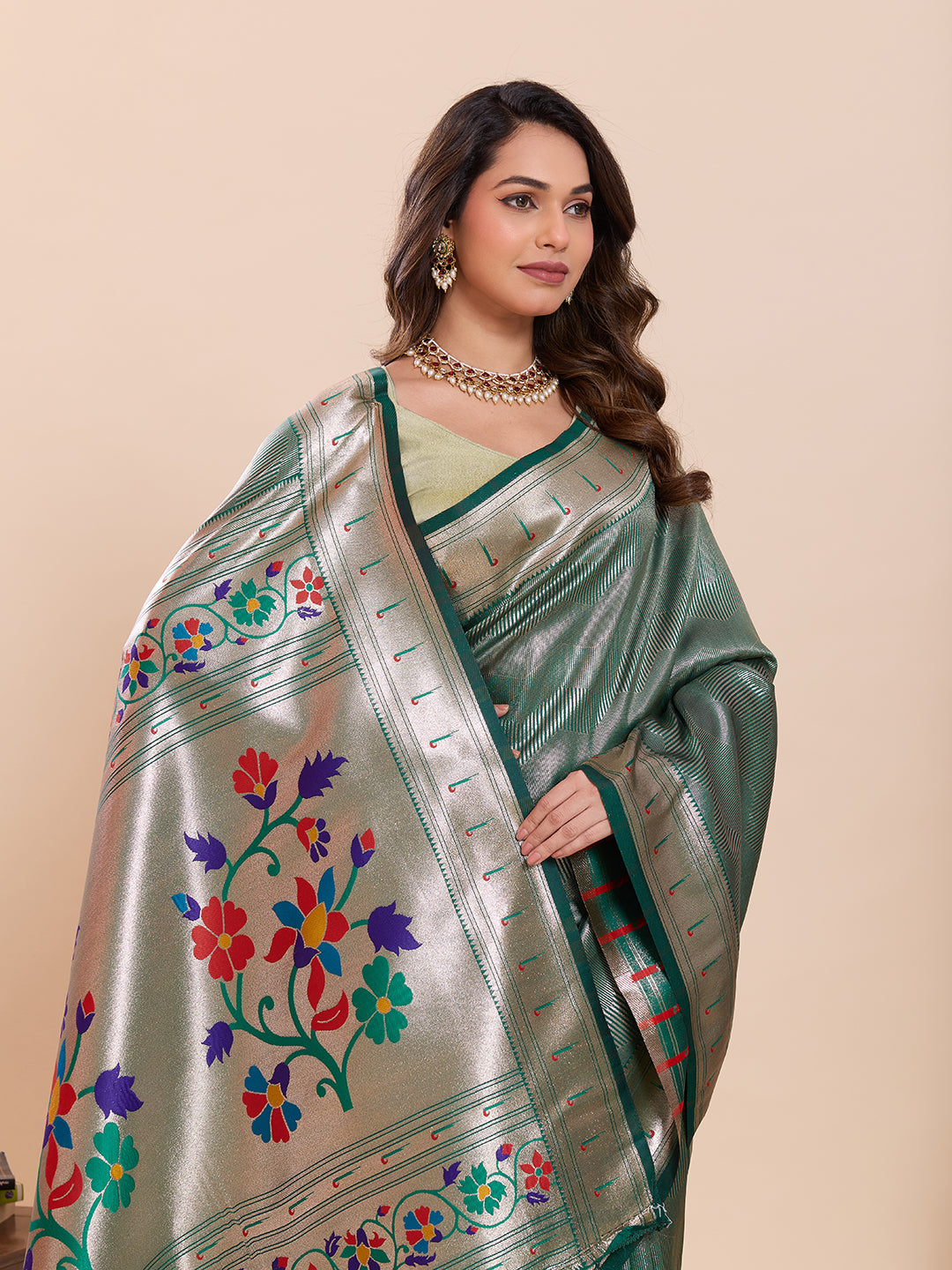 Fabrica Vibe Sea Dark Green  Paithani Art Silk Saree with Multicolor Floral Woven Pallu