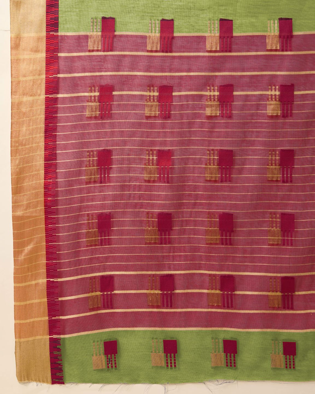 Fabrica Vibe Handwoven Bengal Cotton Saree in Parrot Green & Pink with Woven Motifs