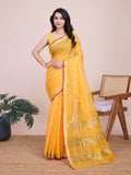 Fabrica Vibe Handwoven Bengal Cotton Linen Saree in Sunshine Yellow with Gold Check Weave