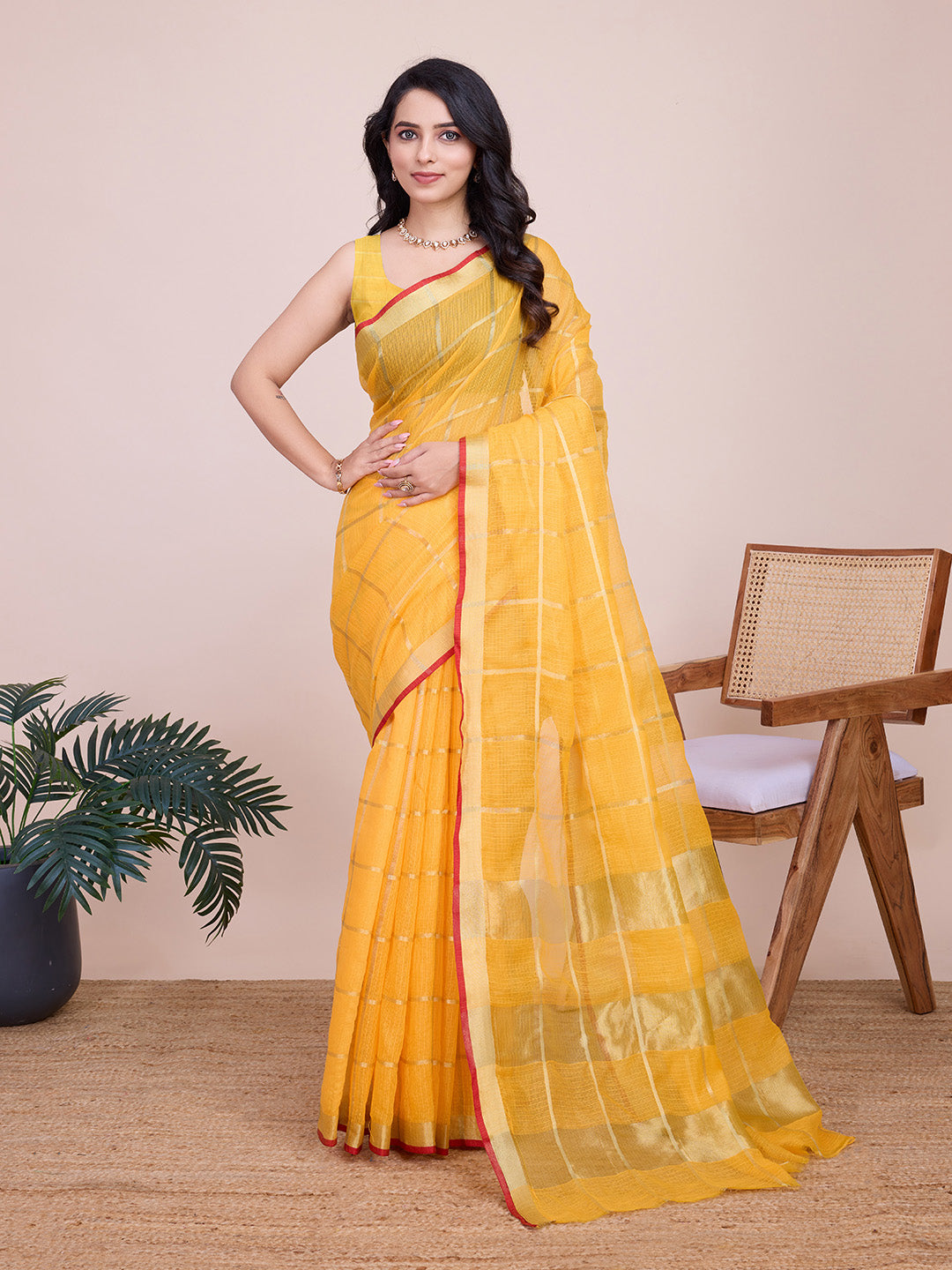 Fabrica Vibe Handwoven Bengal Cotton Linen Saree in Sunshine Yellow with Gold Check Weave
