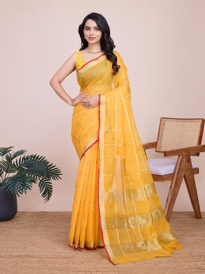 Fabrica Vibe Handwoven Bengal Cotton Linen Saree in Sunshine Yellow with Gold Check Weave