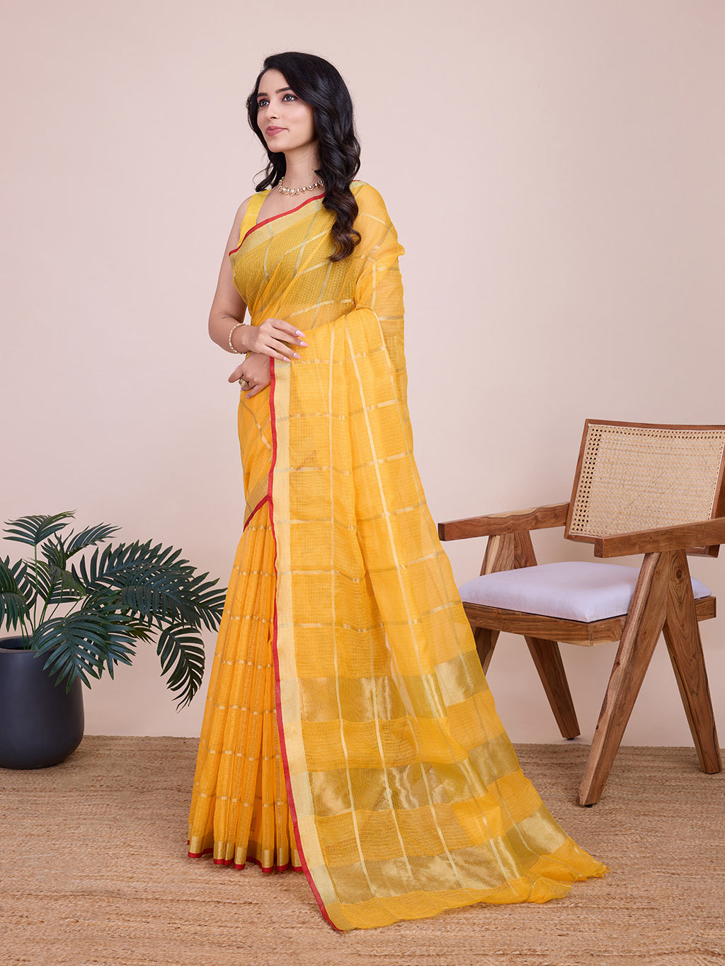 Fabrica Vibe Handwoven Bengal Cotton Linen Saree in Sunshine Yellow with Gold Check Weave