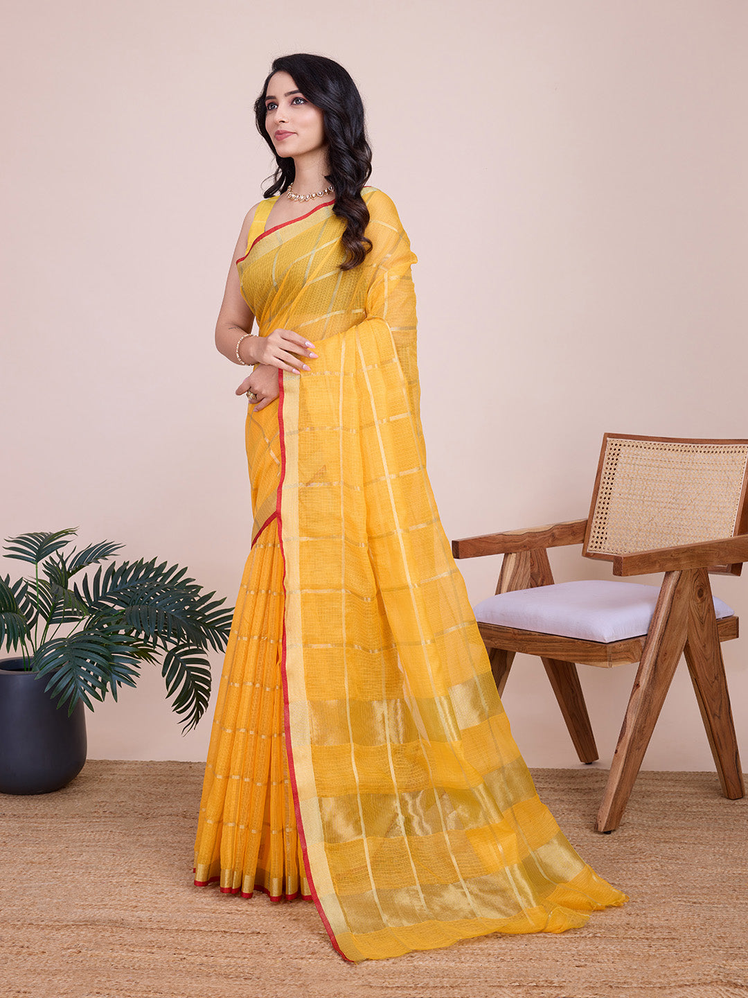 Fabrica Vibe Handwoven Bengal Cotton Linen Saree in Sunshine Yellow with Gold Check Weave
