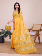 Fabrica Vibe Handwoven Bengal Cotton Linen Saree in Sunshine Yellow with Gold Check Weave