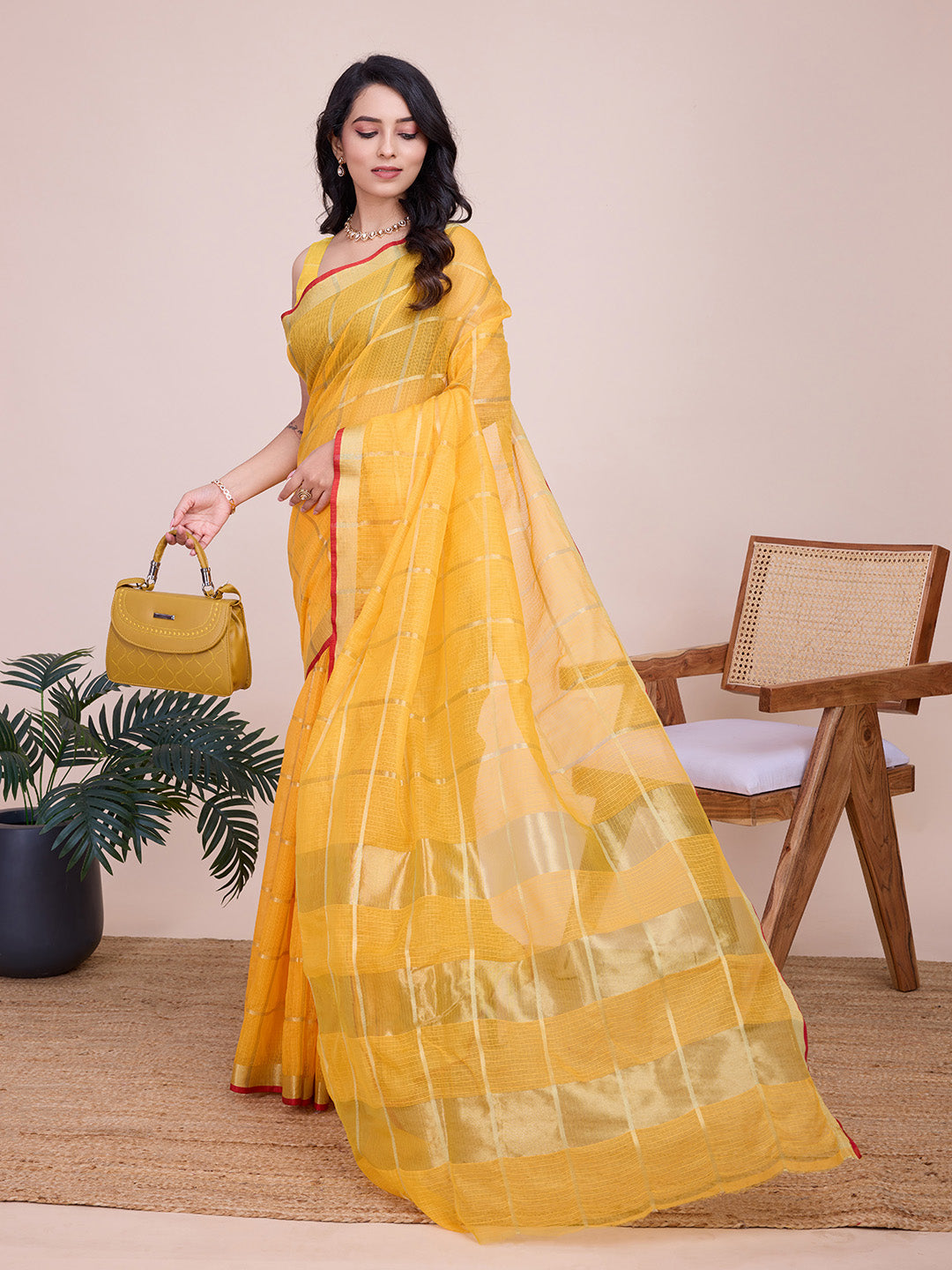 Fabrica Vibe Handwoven Bengal Cotton Linen Saree in Sunshine Yellow with Gold Check Weave