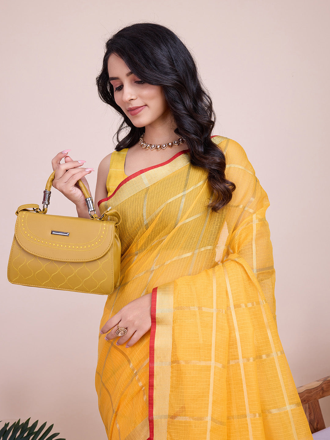 Fabrica Vibe Handwoven Bengal Cotton Linen Saree in Sunshine Yellow with Gold Check Weave