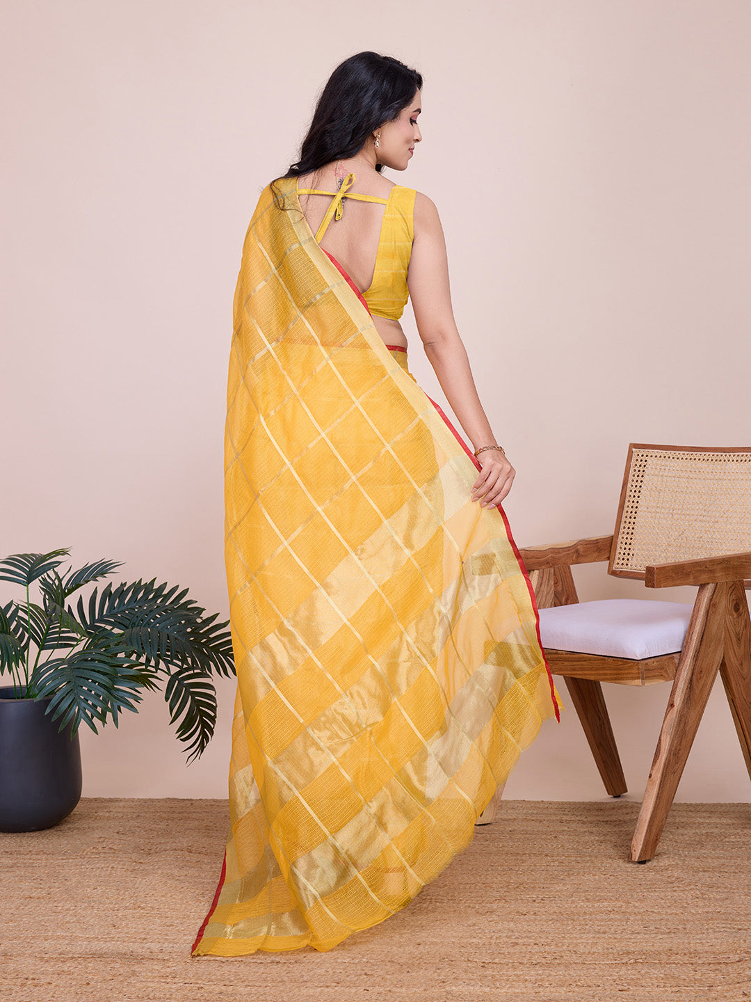 Fabrica Vibe Handwoven Bengal Cotton Linen Saree in Sunshine Yellow with Gold Check Weave