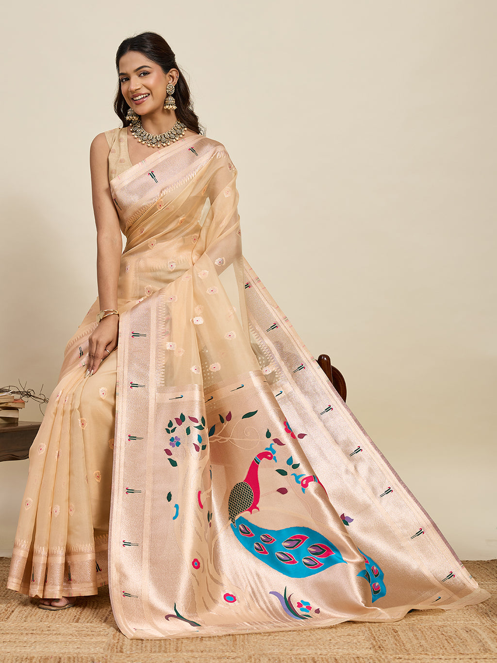 Fabrica Vibe Beige Organza Silk Saree with Peacock Pallu & Floral Woven Design