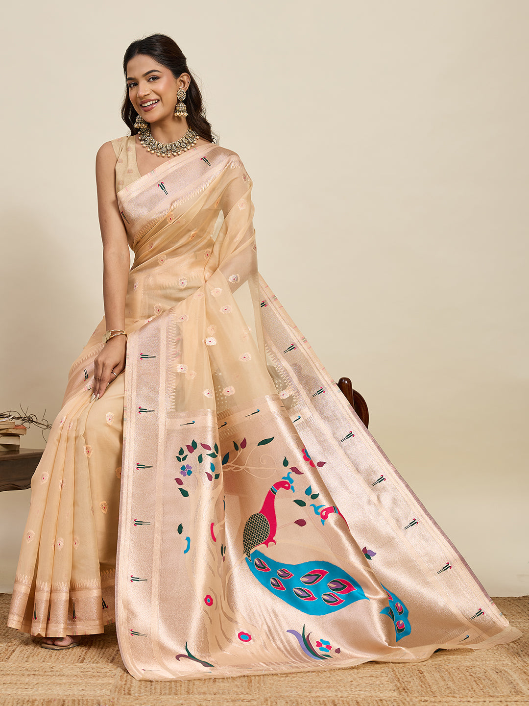 Fabrica Vibe Beige Organza Silk Saree with Peacock Pallu & Floral Woven Design