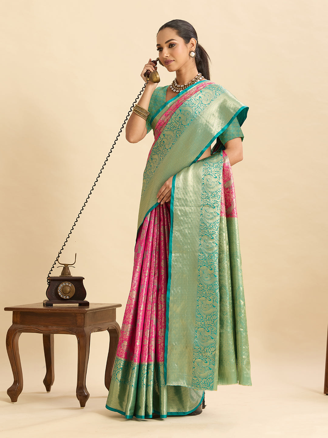 Fabrica Vibe Pink & Mint Green Banarasi Silk Blend Saree with Woven Zari Floral Design