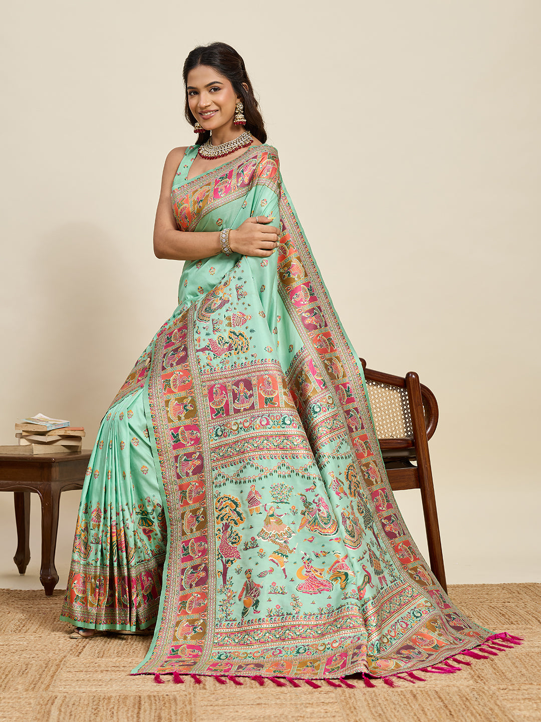 Fabrica Vibe Mint Green  Art Silk Saree with Traditional Folk & Peacock Motifs