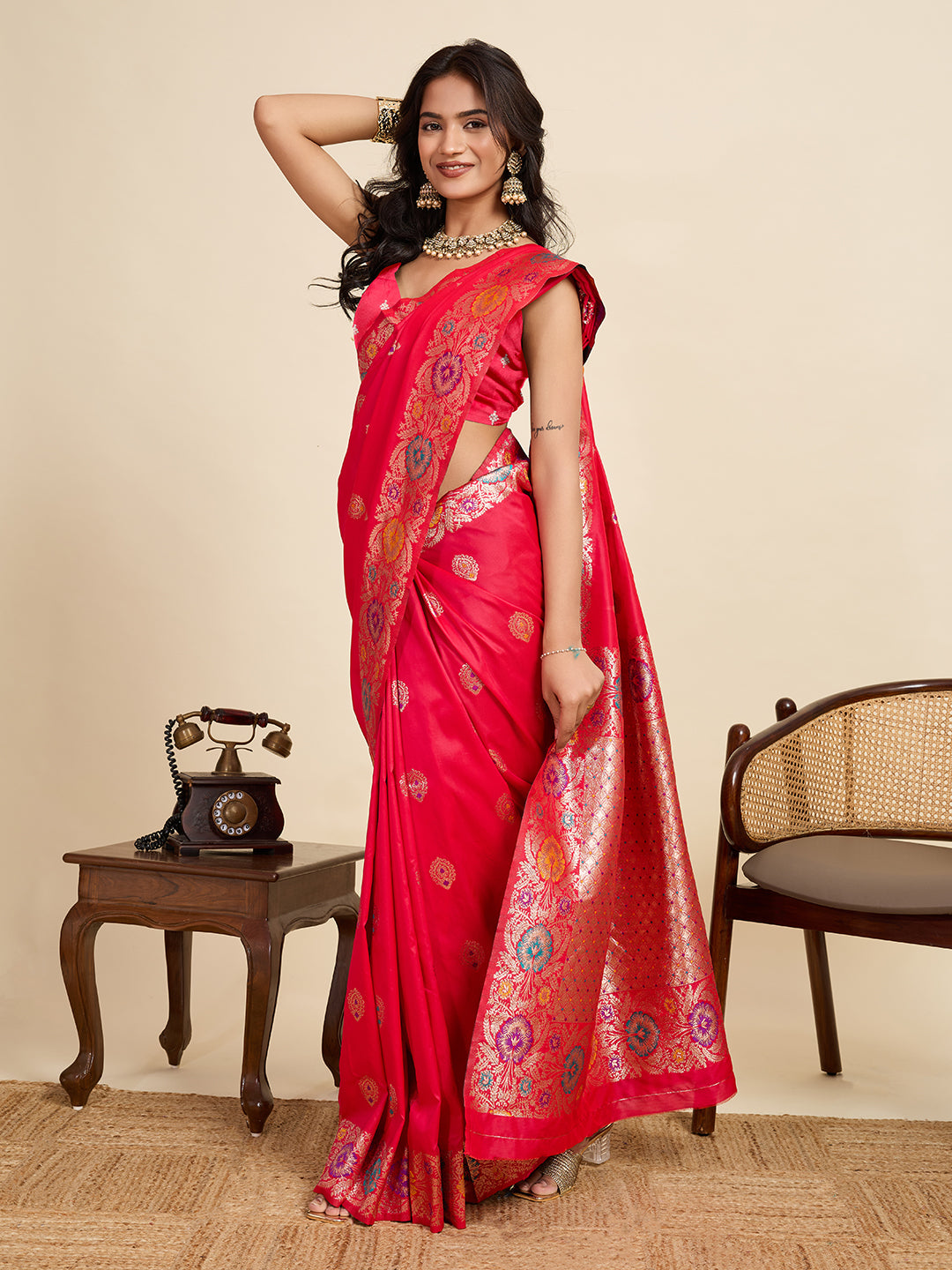 Fabrica Vibe Rani Pink Banarasi Silk Saree with Multicolor Floral Zari Weaving