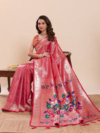 Fabrica Vibe Pink Paithani Art Silk Saree with Multicolor Floral Woven Pallu & Blouse Piece