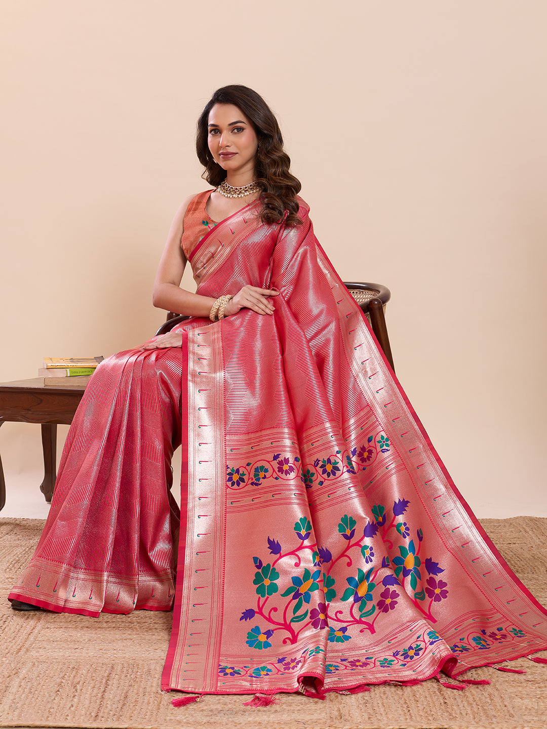 Fabrica Vibe Pink Paithani Art Silk Saree with Multicolor Floral Woven Pallu & Blouse Piece