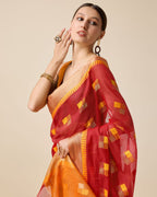 Fabrica Vibe Red & Mustard Bengal Handwoven Cotton Saree with Woven Geometric Design