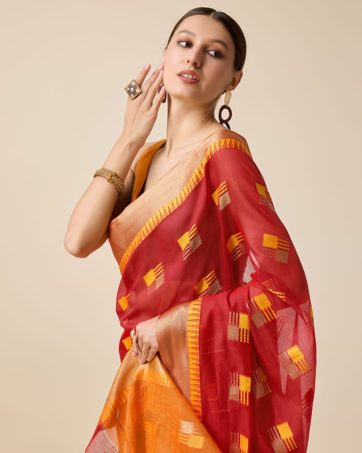 Fabrica Vibe Red & Mustard Bengal Handwoven Cotton Saree with Woven Geometric Design
