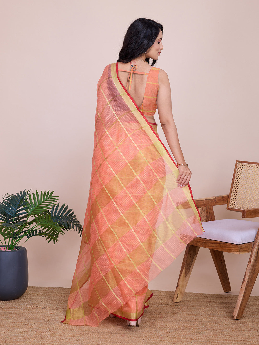 Fabrica Vibe Peach Handwoven Cotton Saree with Golden Checks & Contrast Border