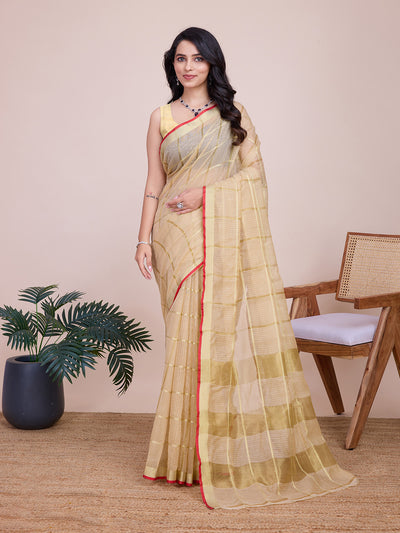 Fabrica Vibe Handwoven Bengal Cotton Linen Saree in Ivory Beige with Subtle Check Weave