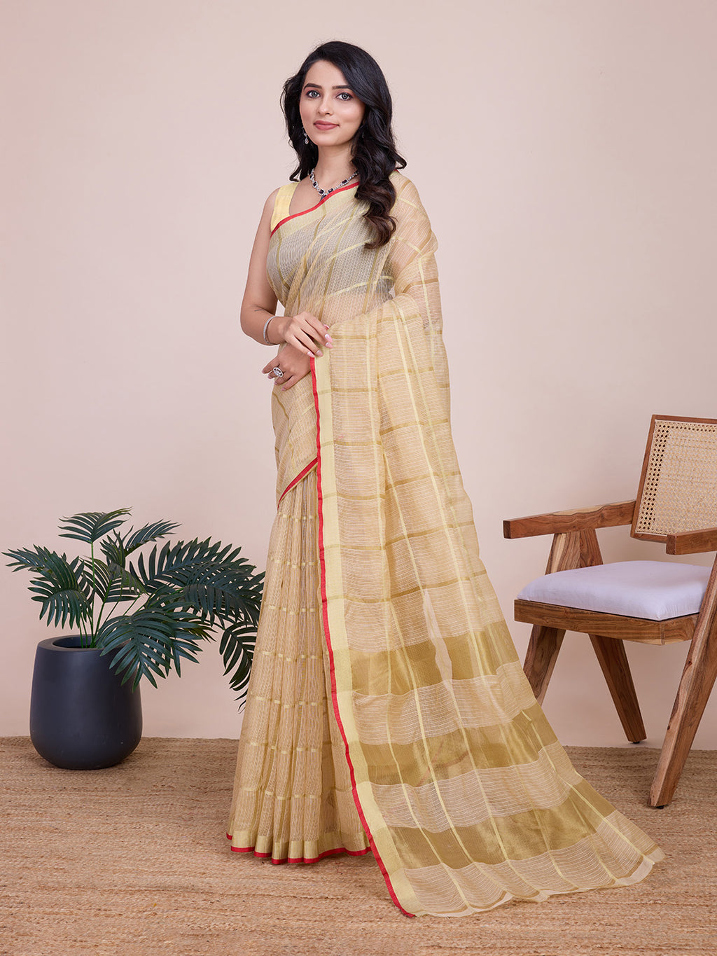 Fabrica Vibe Handwoven Bengal Cotton Linen Saree in Ivory Beige with Subtle Check Weave