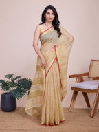 Fabrica Vibe Handwoven Bengal Cotton Linen Saree in Ivory Beige with Subtle Check Weave