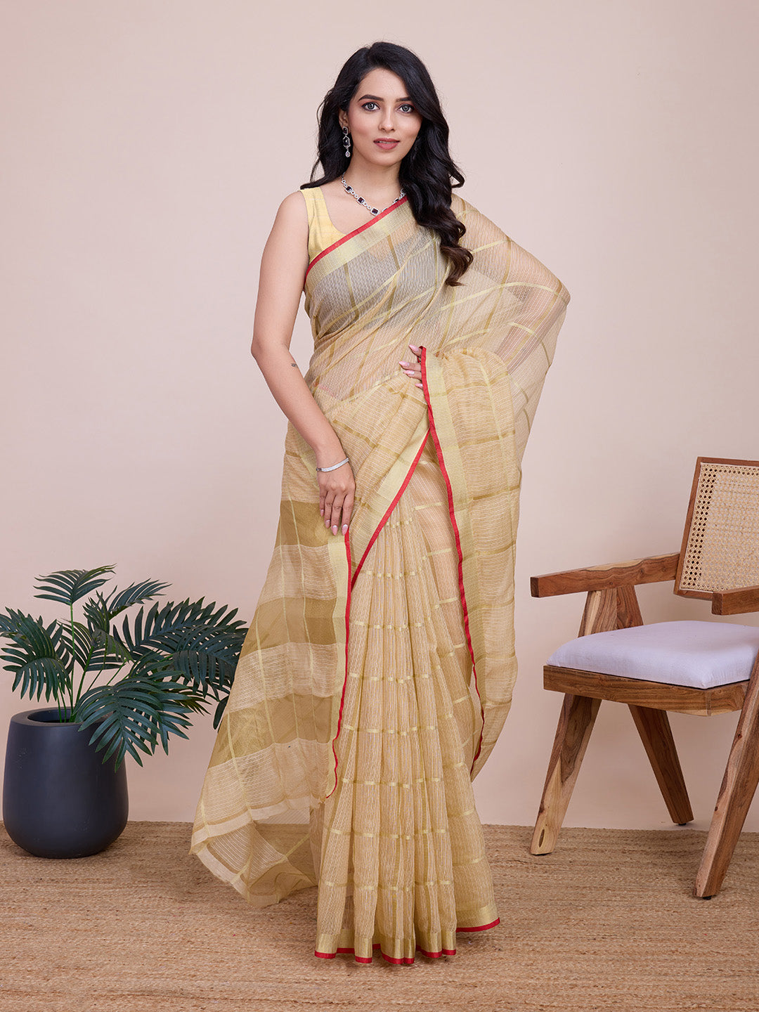 Fabrica Vibe Handwoven Bengal Cotton Linen Saree in Ivory Beige with Subtle Check Weave