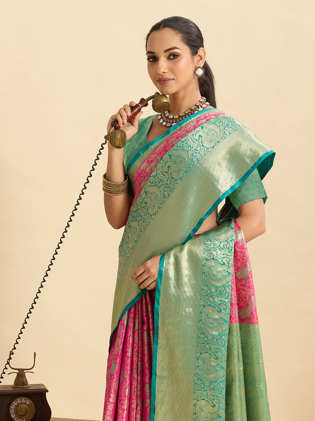 Fabrica Vibe Pink & Mint Green Banarasi Silk Blend Saree with Woven Zari Floral Design