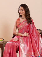Fabrica Vibe Pink Paithani Art Silk Saree with Multicolor Floral Woven Pallu & Blouse Piece