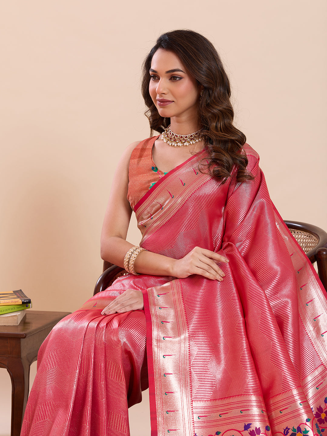 Fabrica Vibe Pink Paithani Art Silk Saree with Multicolor Floral Woven Pallu & Blouse Piece