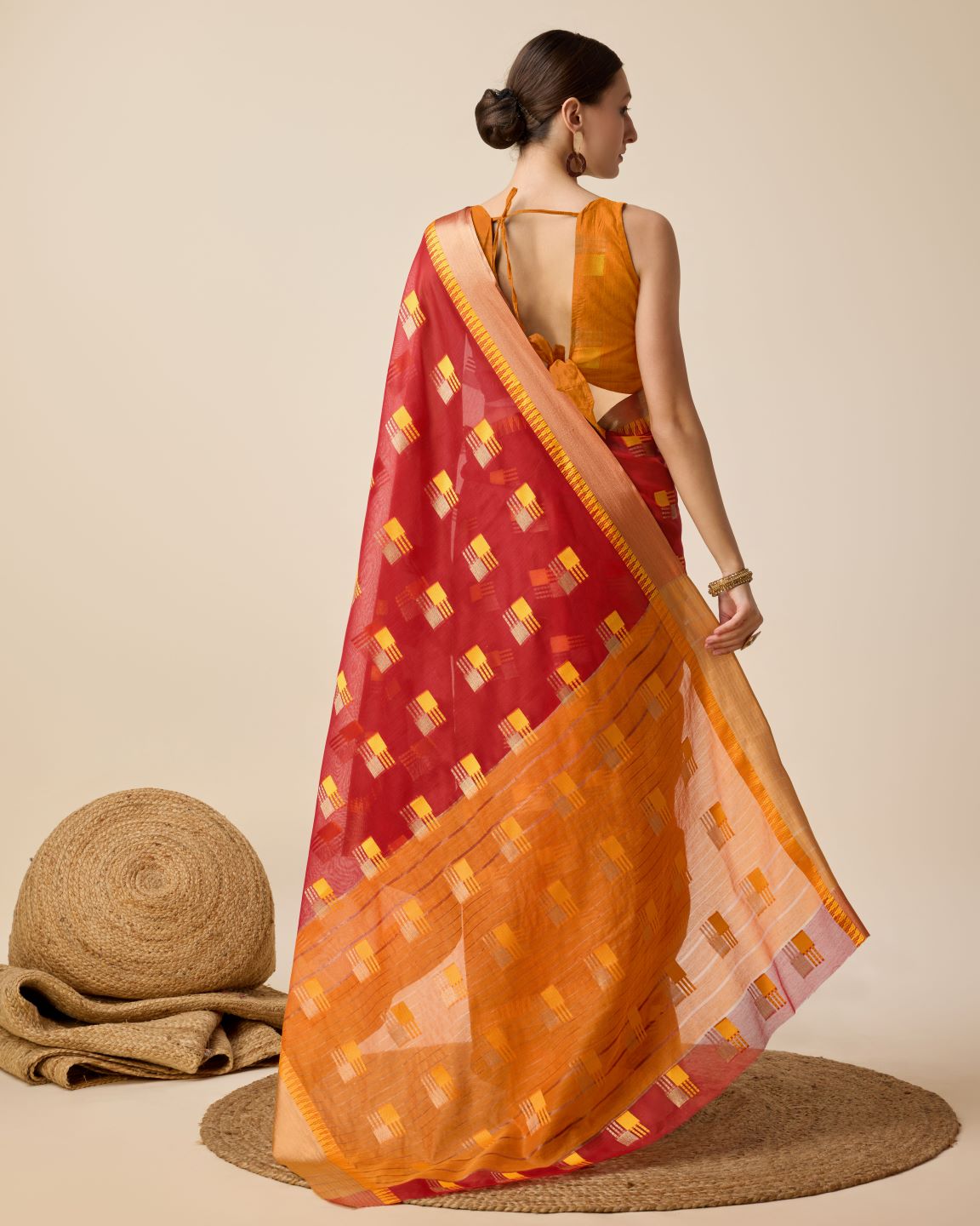Fabrica Vibe Red & Mustard Bengal Handwoven Cotton Saree with Woven Geometric Design