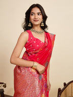 Fabrica Vibe Rani Pink Banarasi Silk Saree with Multicolor Floral Zari Weaving