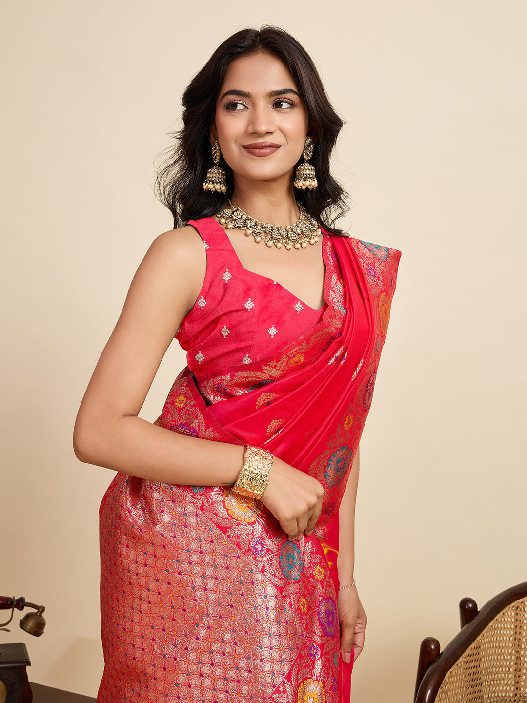 Fabrica Vibe Rani Pink Banarasi Silk Saree with Multicolor Floral Zari Weaving