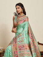 Fabrica Vibe Mint Green  Art Silk Saree with Traditional Folk & Peacock Motifs